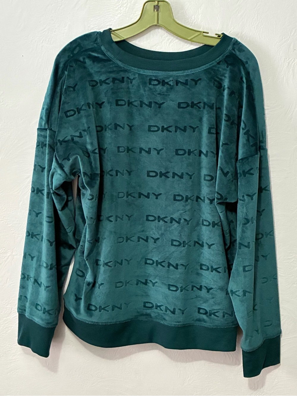 DKNY Teal Velour Logo Crewneck Sweatshirt with Branded Trim